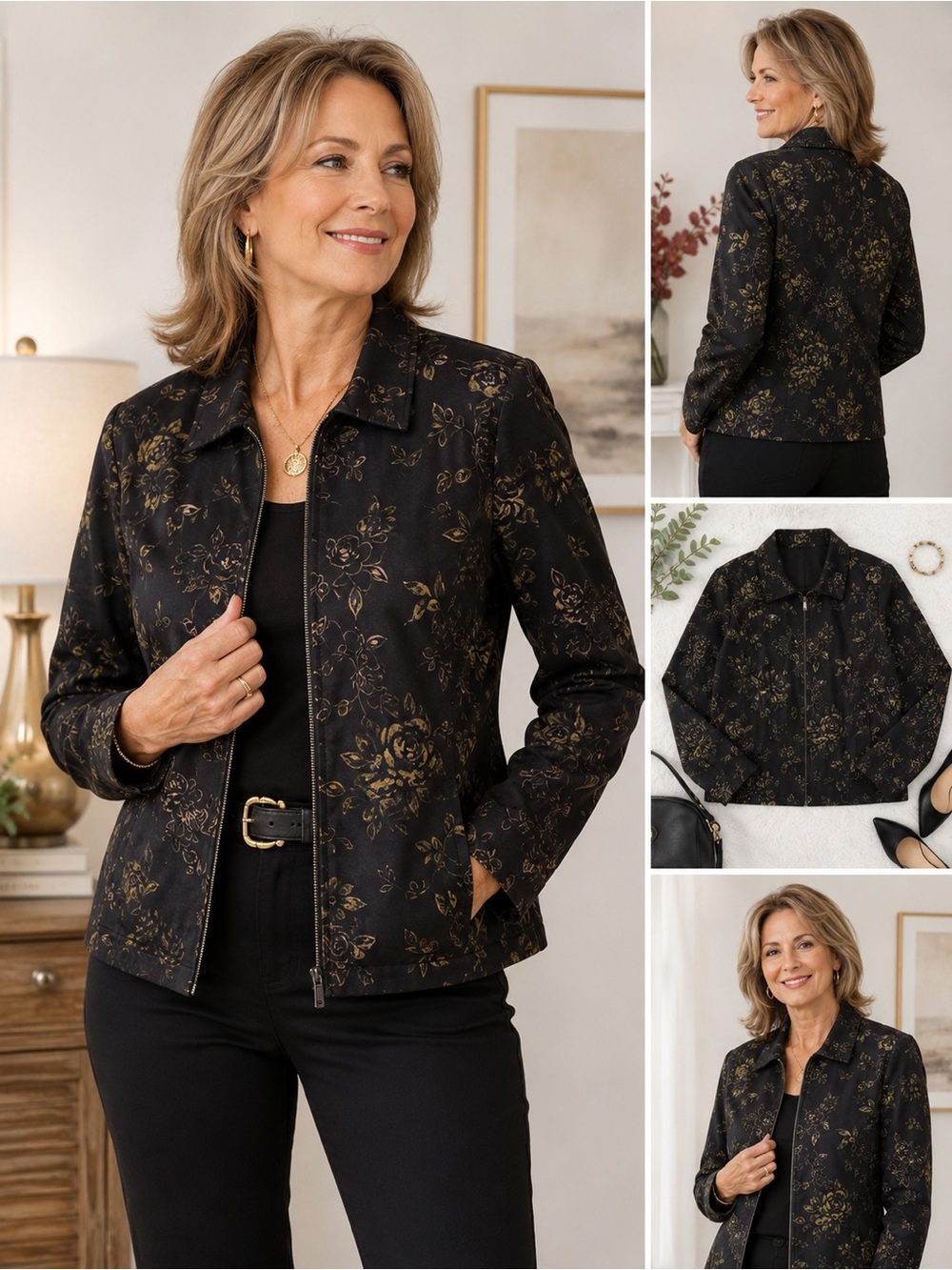 Vintage Floral Zip Front Jacket | Black & Gold Lightweight Dressy Jacket Women’s